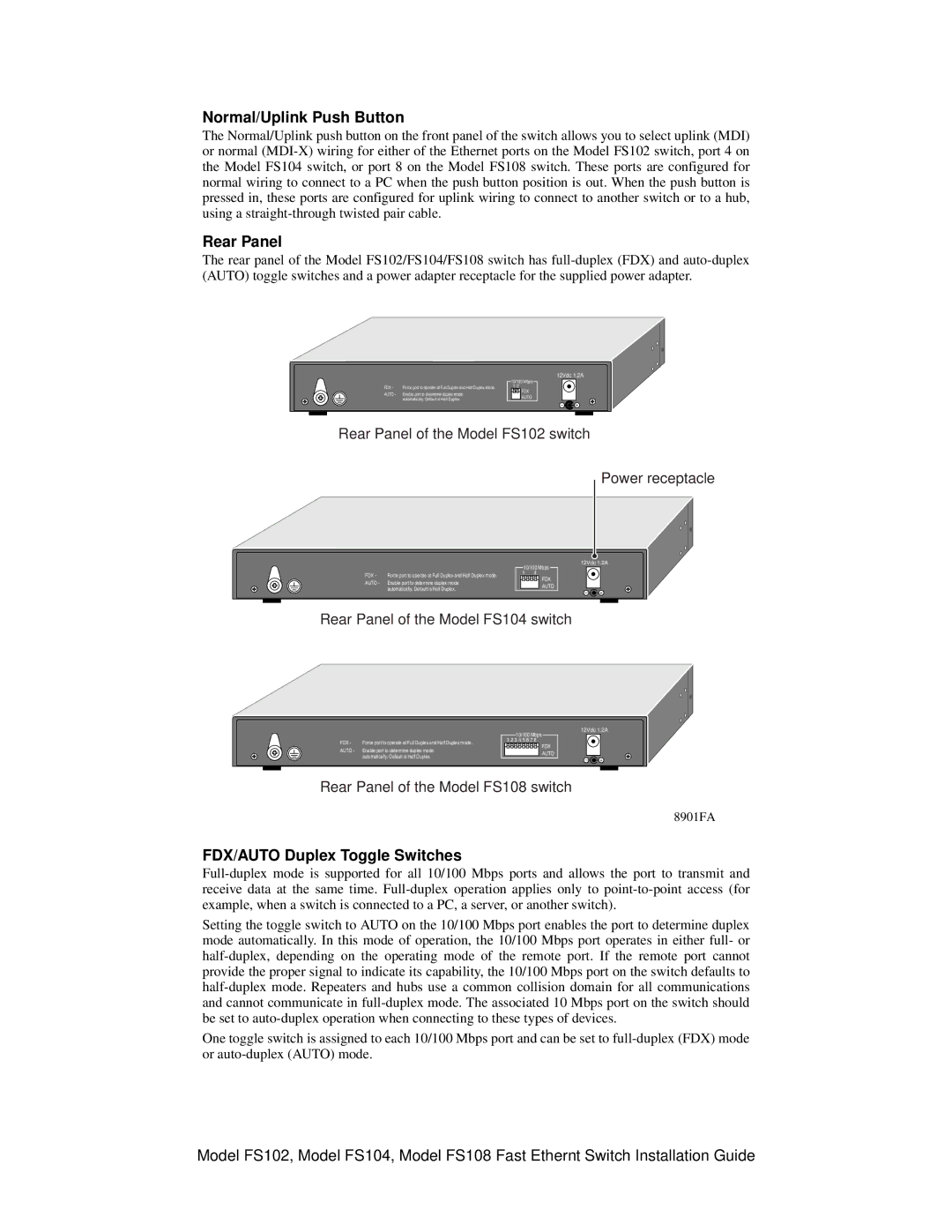 NETGEAR FS102 manual Normal/Uplink Push Button, Rear Panel, FDX/AUTO Duplex Toggle Switches 