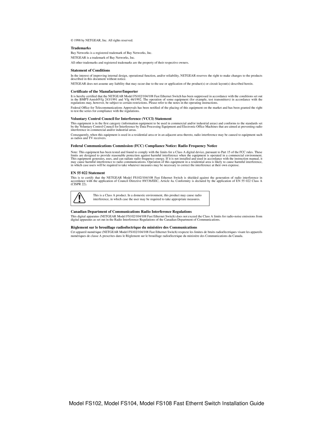 NETGEAR FS102 manual Trademarks, Statement of Conditions, Certificate of the Manufacturer/Importer, EN 55 022 Statement 