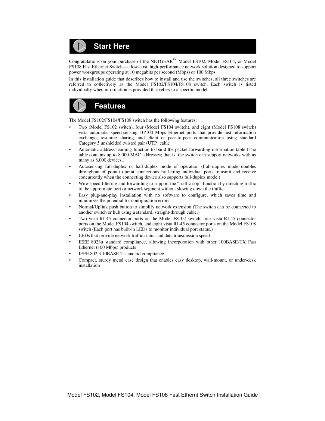 NETGEAR FS102 manual Start Here, Features 