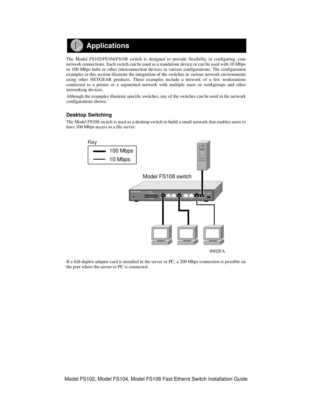 NETGEAR FS102 manual Applications, Key 100 Mbps 10 Mbps Model FS108 switch, Desktop Switching 