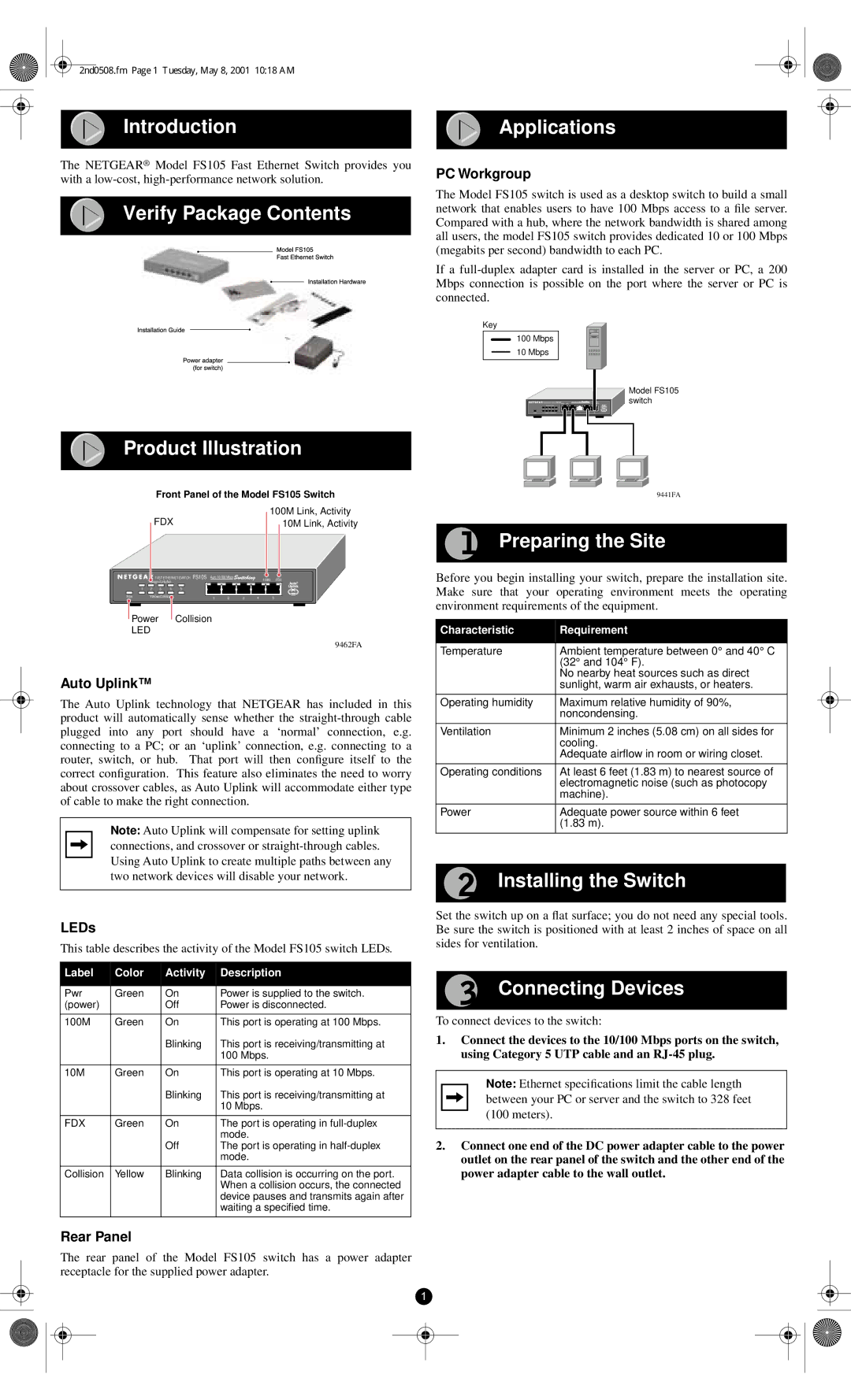 NETGEAR FS105 manual Introduction Applications, Verify Package Contents Product Illustration, Preparing the Site 