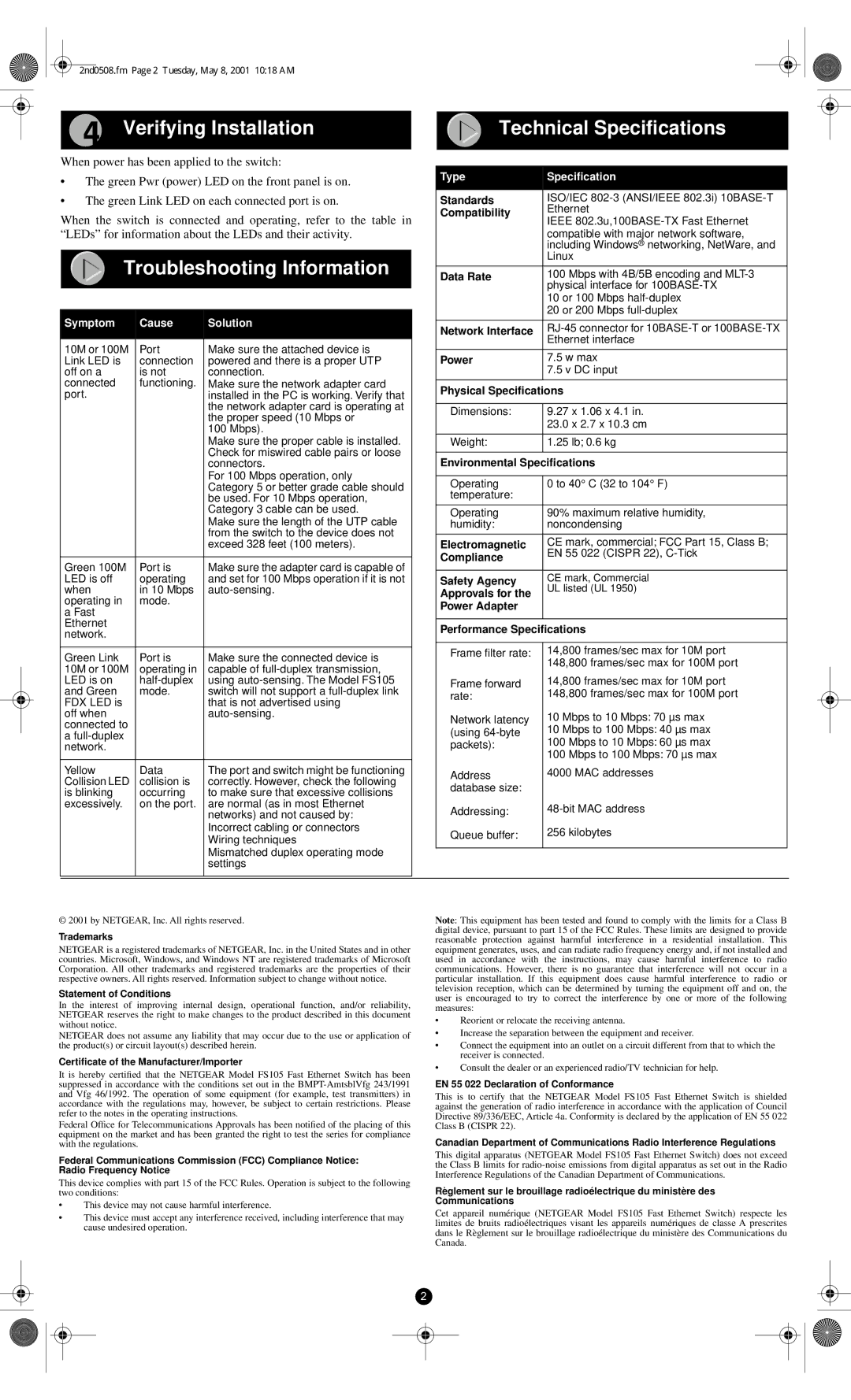 NETGEAR FS105 manual Verifying Installation, Troubleshooting Information, Technical Specifications, Symptom Cause Solution 