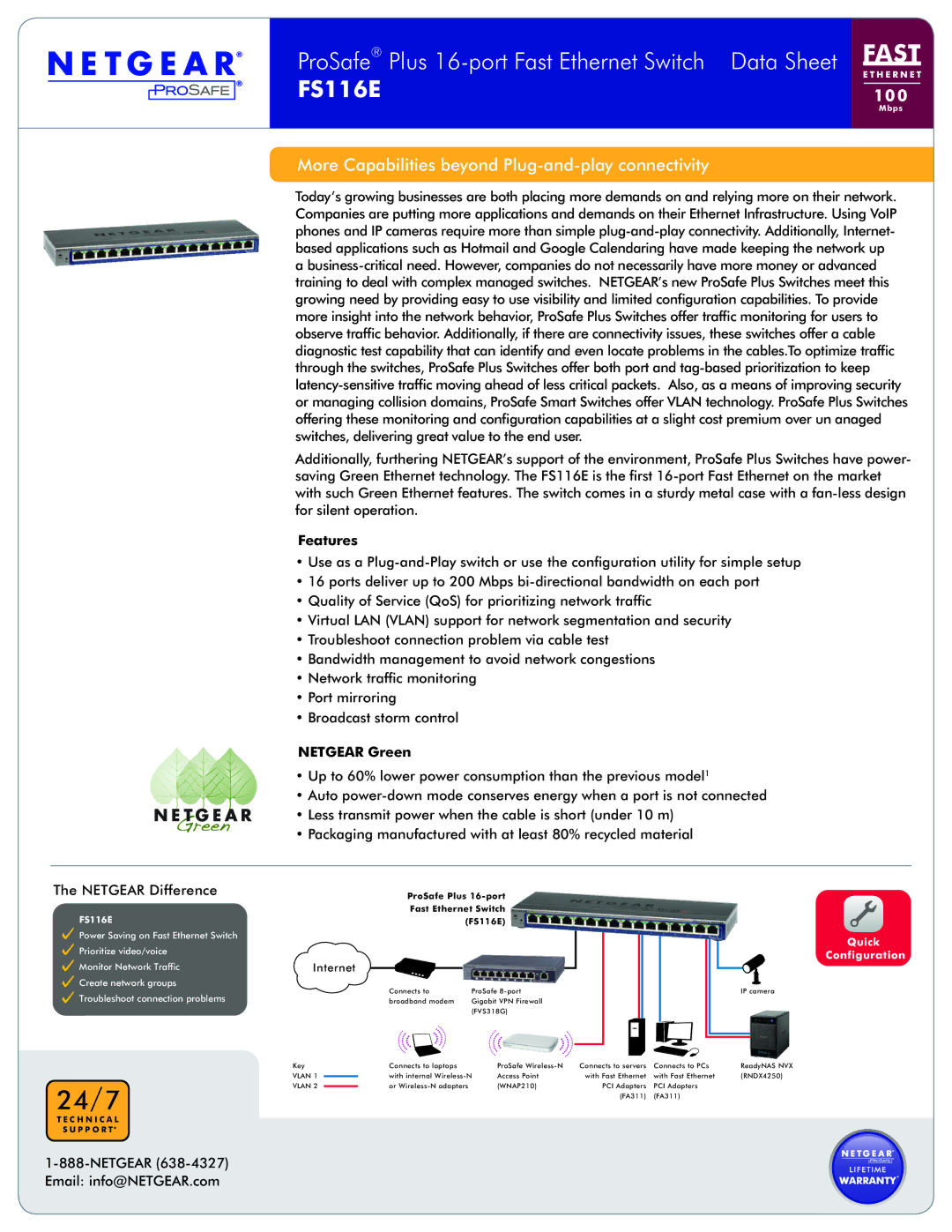 NETGEAR FS116E manual Features, Netgear Green 