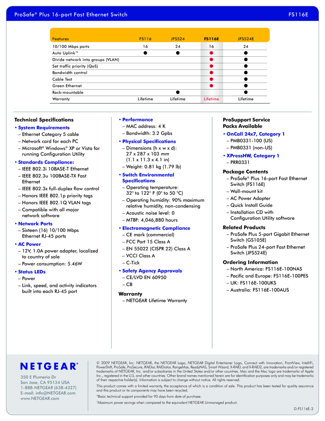 NETGEAR FS116E Technical Specifications, Warranty, ProSupport Service Packs Available, Package Contents, Related Products 