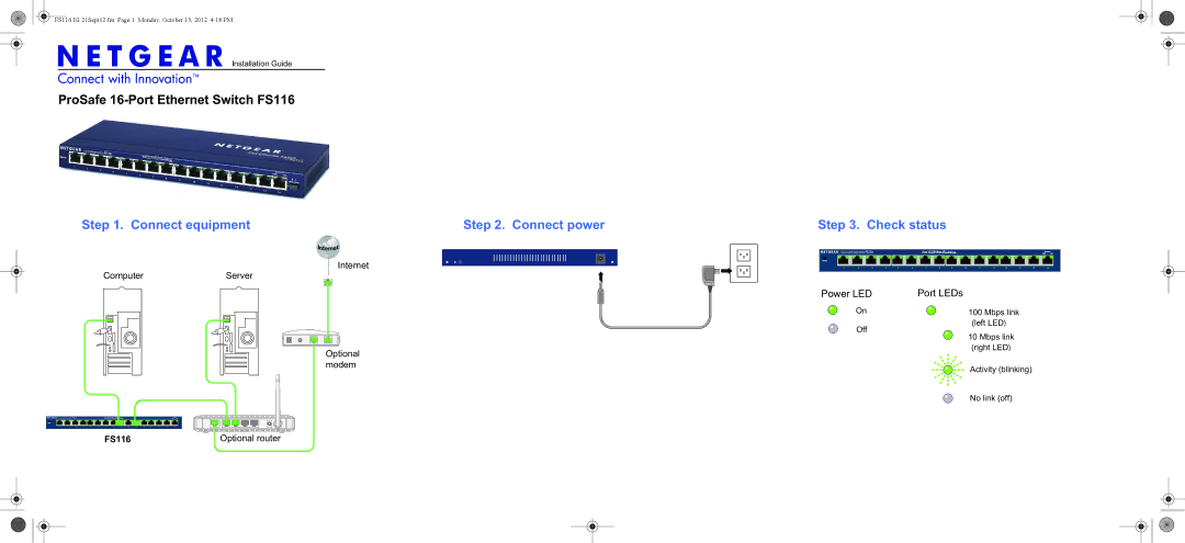 NETGEAR FS116NA manual Connect equipment Connect power Check status, Power LED Port LEDs 