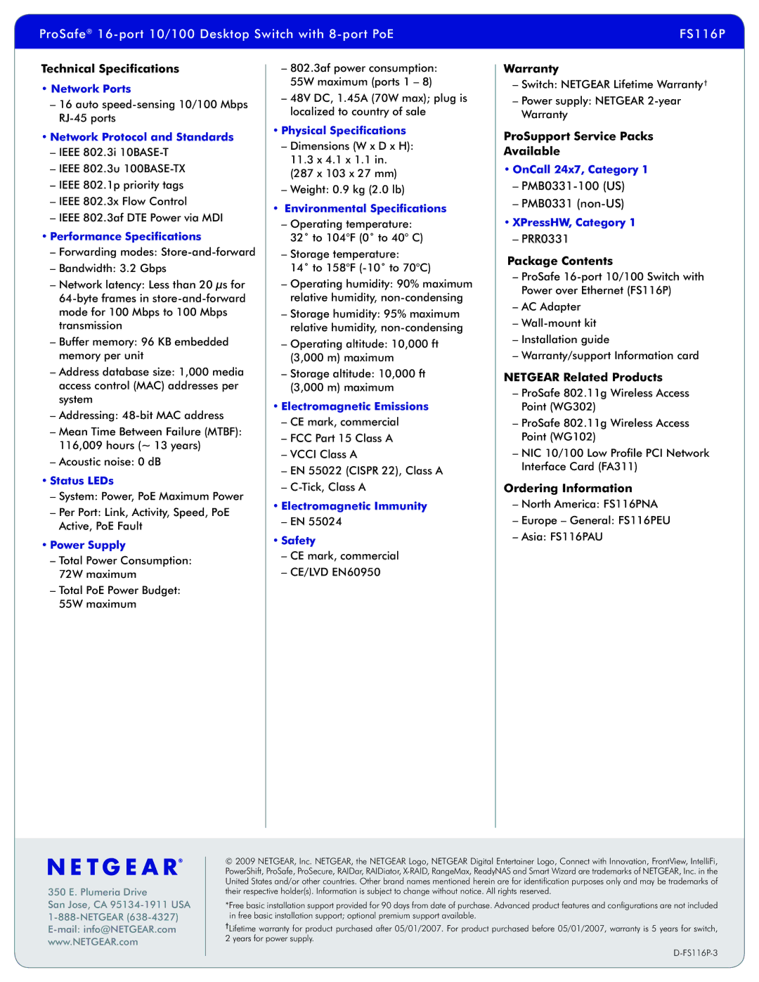 NETGEAR FS116P manual Technical Specifications, Warranty, ProSupport Service Packs Available, Package Contents 