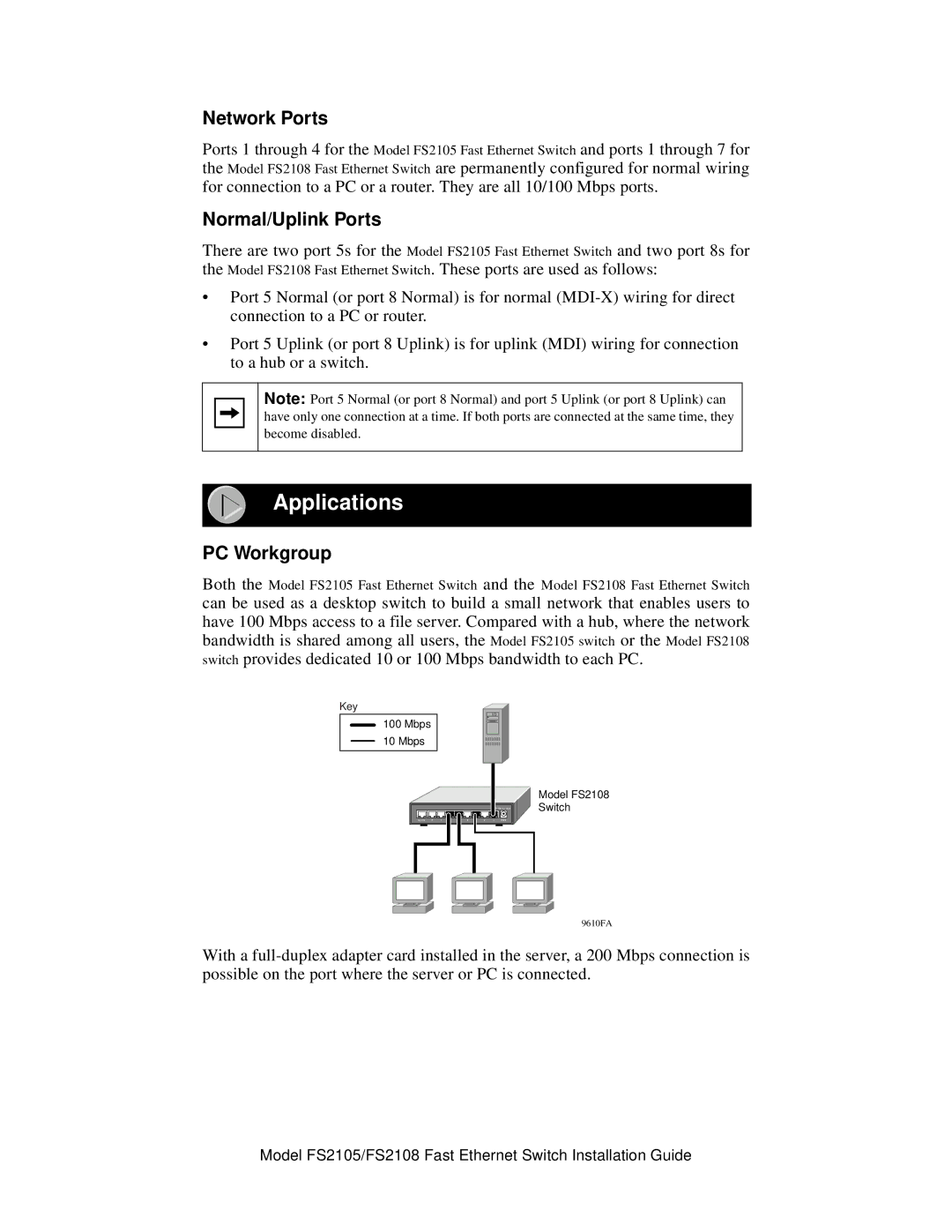 NETGEAR FS2108, FS2105 manual Applications, Network Ports, Normal/Uplink Ports, PC Workgroup 