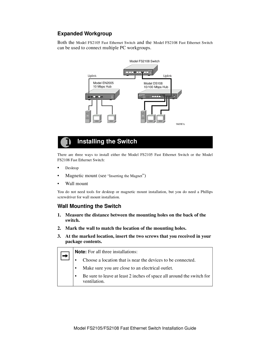 NETGEAR FS2105, FS2108 manual Installing the Switch, Expanded Workgroup, Wall Mounting the Switch 