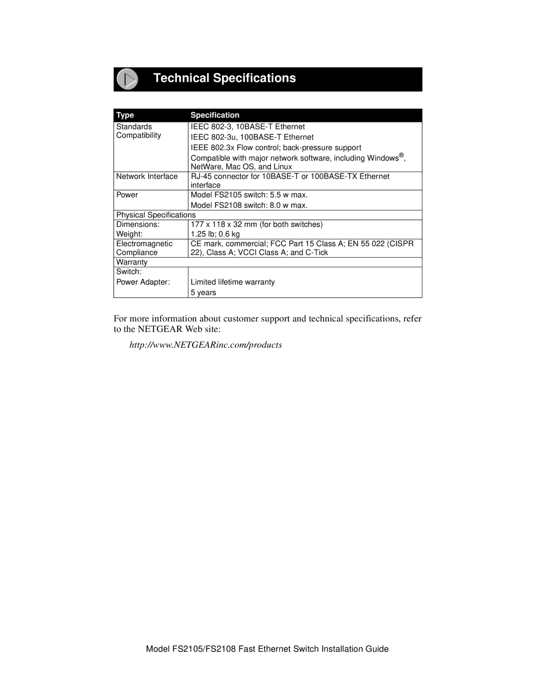 NETGEAR FS2108, FS2105 manual Technical Specifications, Type Specification 