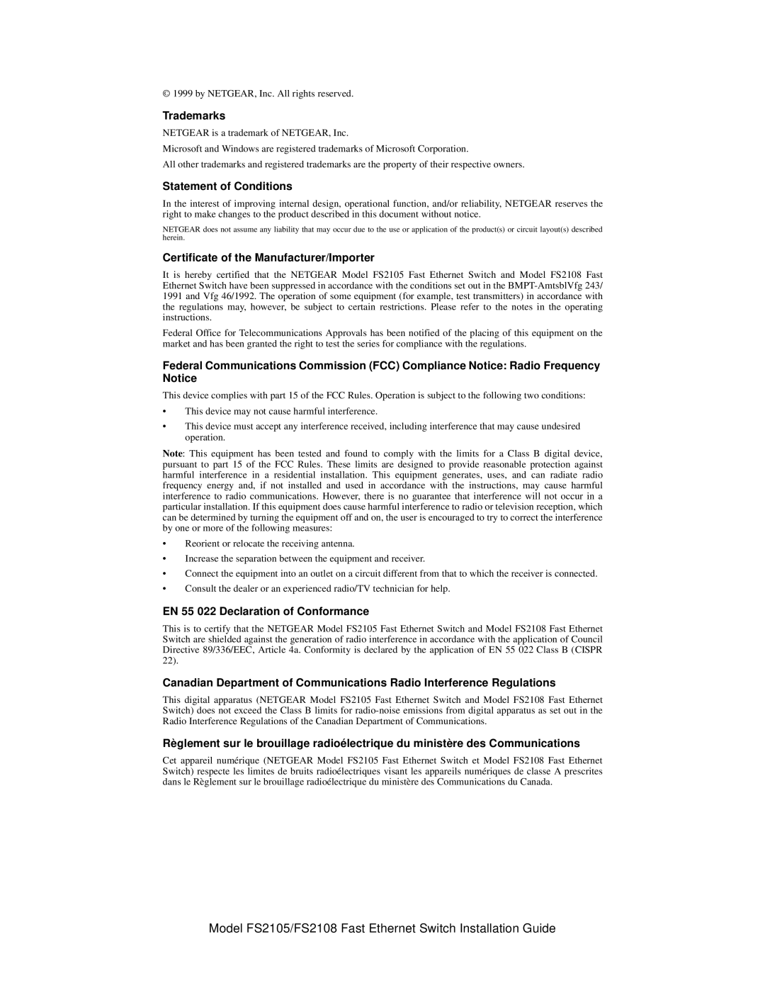 NETGEAR FS2105, FS2108 manual Trademarks 