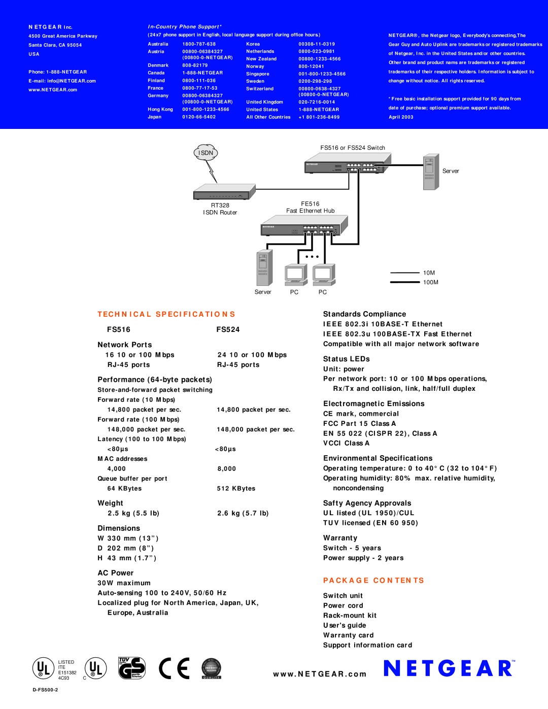 NETGEAR FS516, FS524 manual Usa, In-Country Phone Support, Netgear 