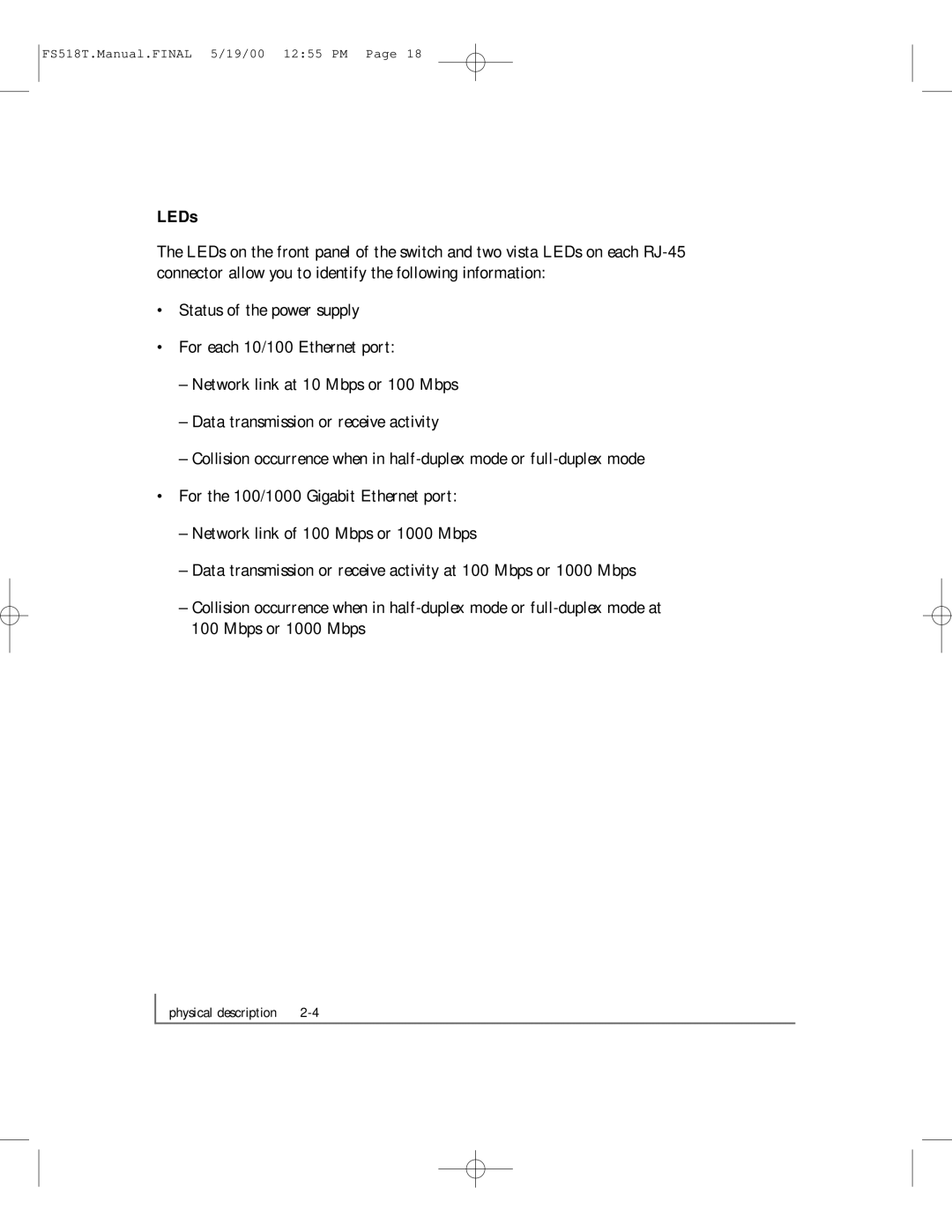 NETGEAR FS518T manual LEDs 