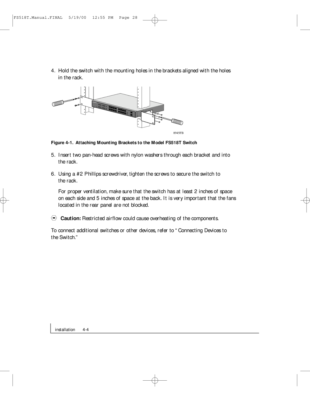 NETGEAR manual Attaching Mounting Brackets to the Model FS518T Switch 