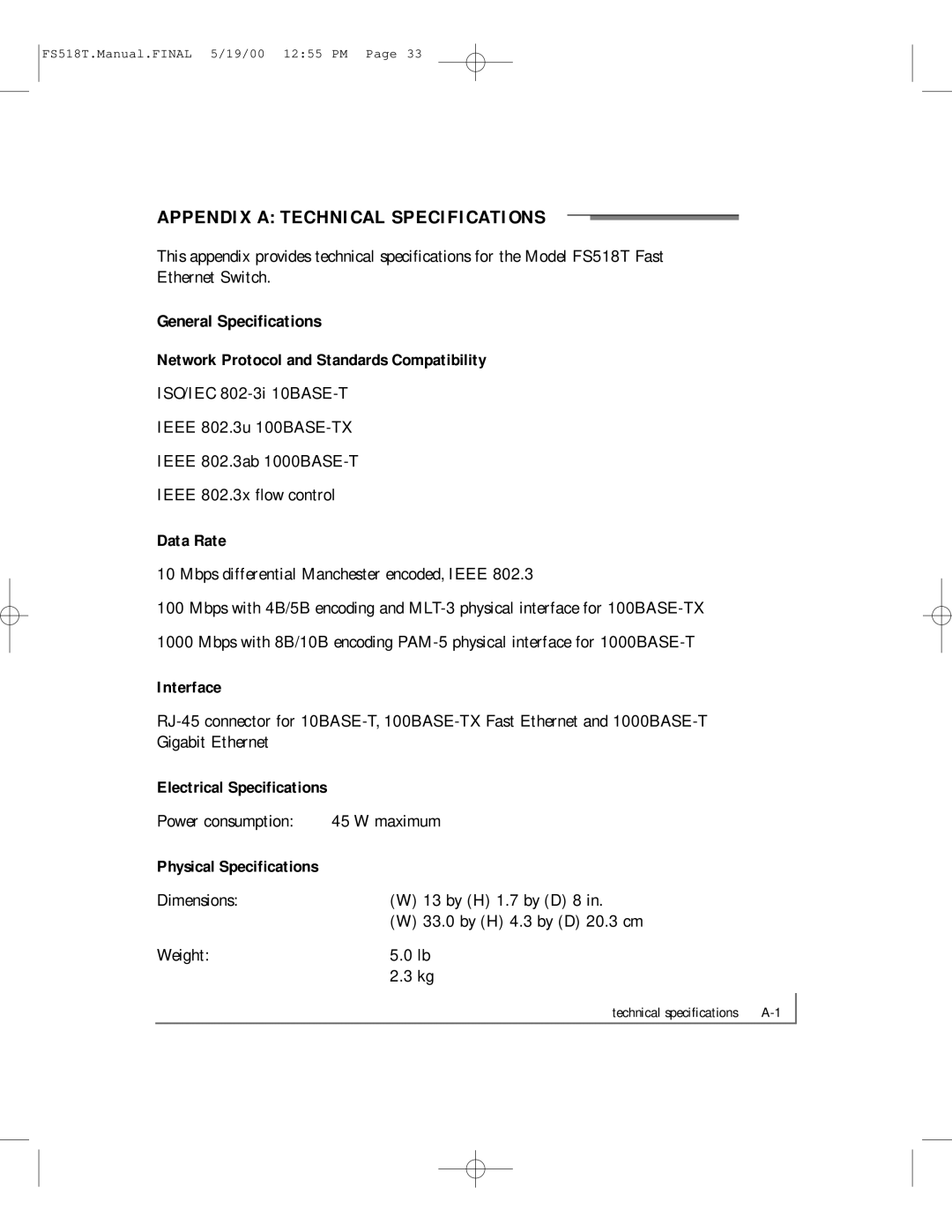 NETGEAR FS518T manual Appendix a Technical Specifications, General Specifications, Electrical Specifications 