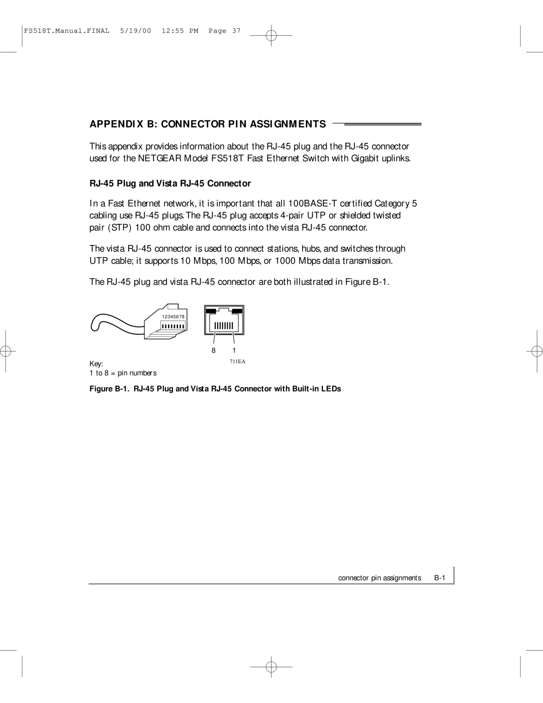 NETGEAR FS518T manual Appendix B Connector PIN Assignments, RJ-45 Plug and Vista RJ-45 Connector 