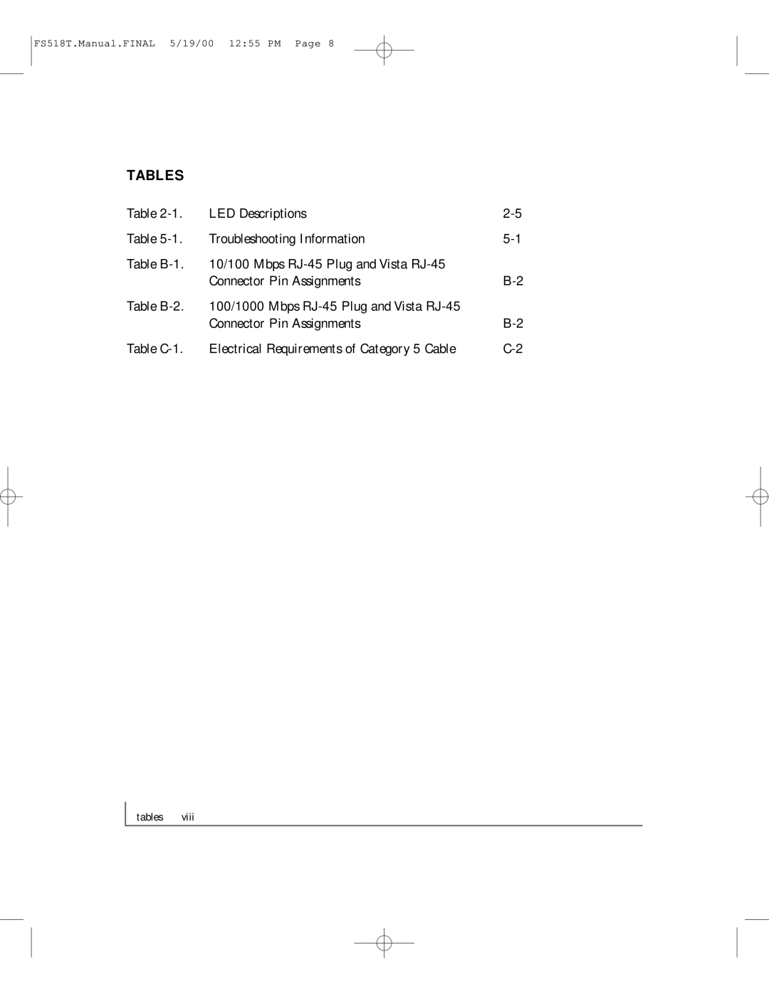 NETGEAR FS518T manual Tables 