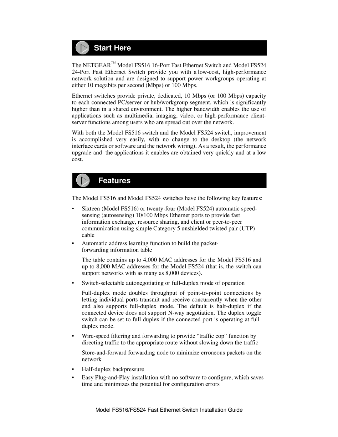 NETGEAR FS524 manual Start Here, Features 