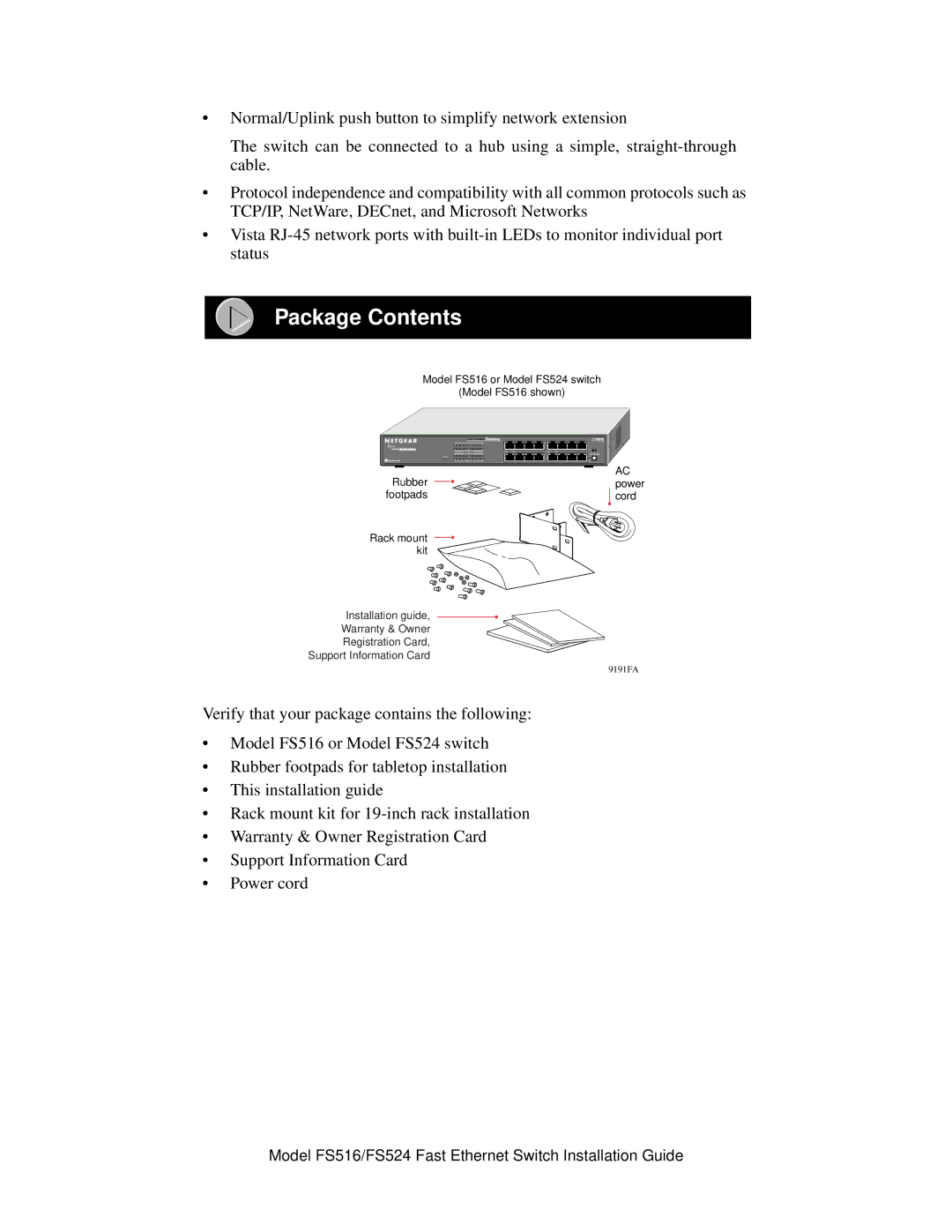 NETGEAR FS524 manual Package Contents 