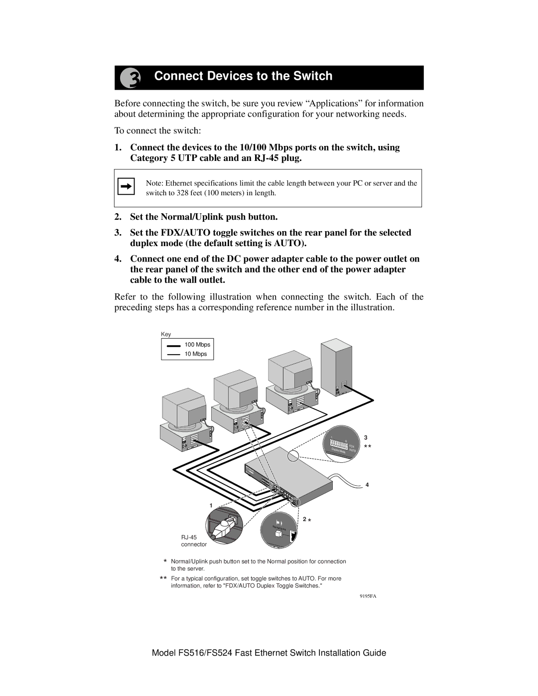 NETGEAR FS524 manual Connect Devices to the Switch, Key Mbps RJ-45 connector 