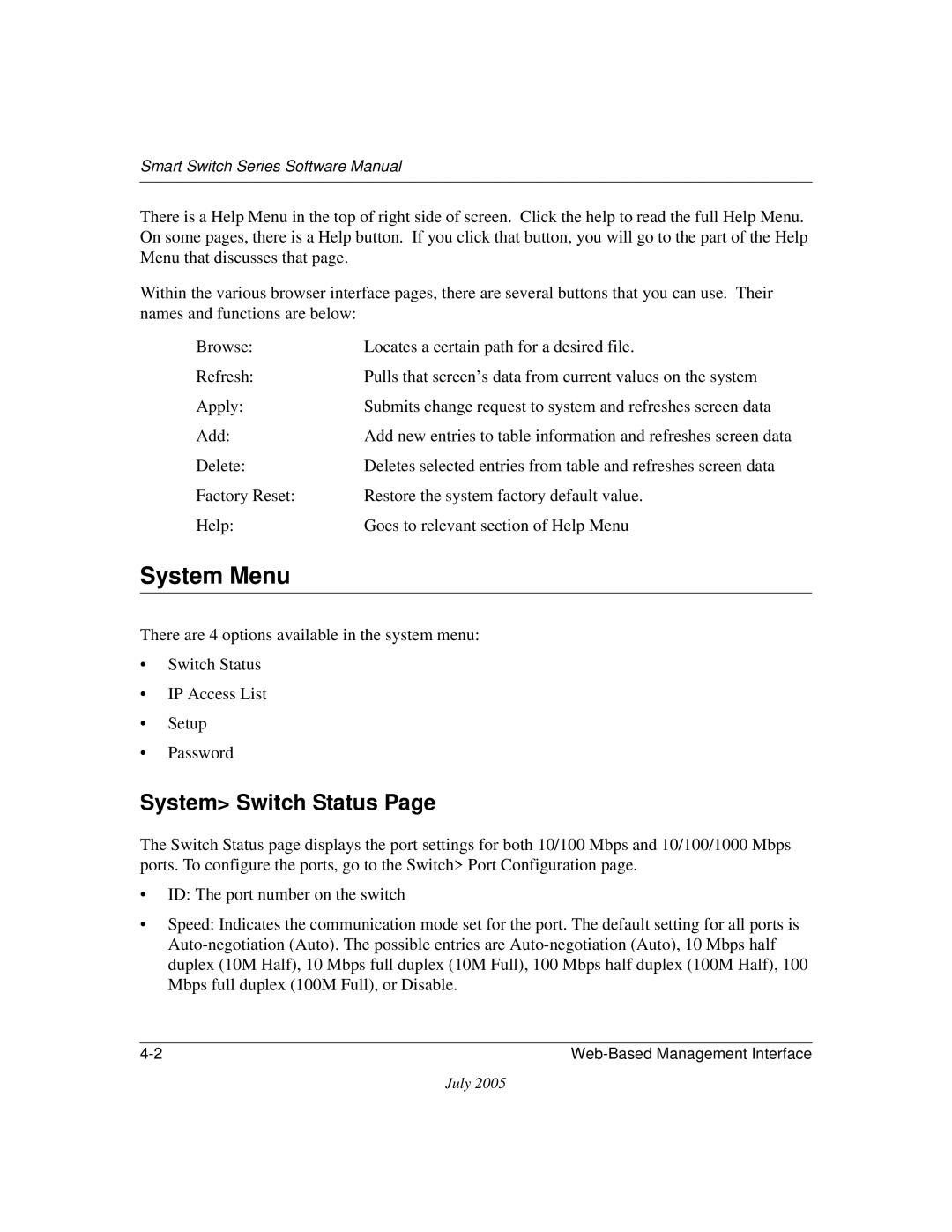 NETGEAR FS526T, FS750T2NA software manual System Menu, System Switch Status 