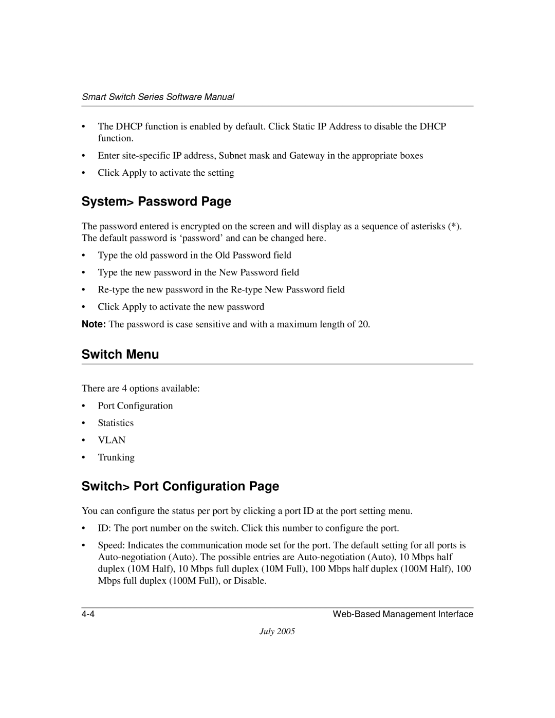 NETGEAR FS526T, FS750T2NA software manual System Password, Switch Menu, Switch Port Configuration 