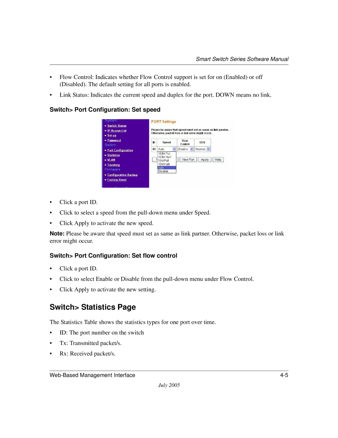 NETGEAR FS750T2NA, FS526T software manual Switch Statistics, Switch Port Configuration Set speed 