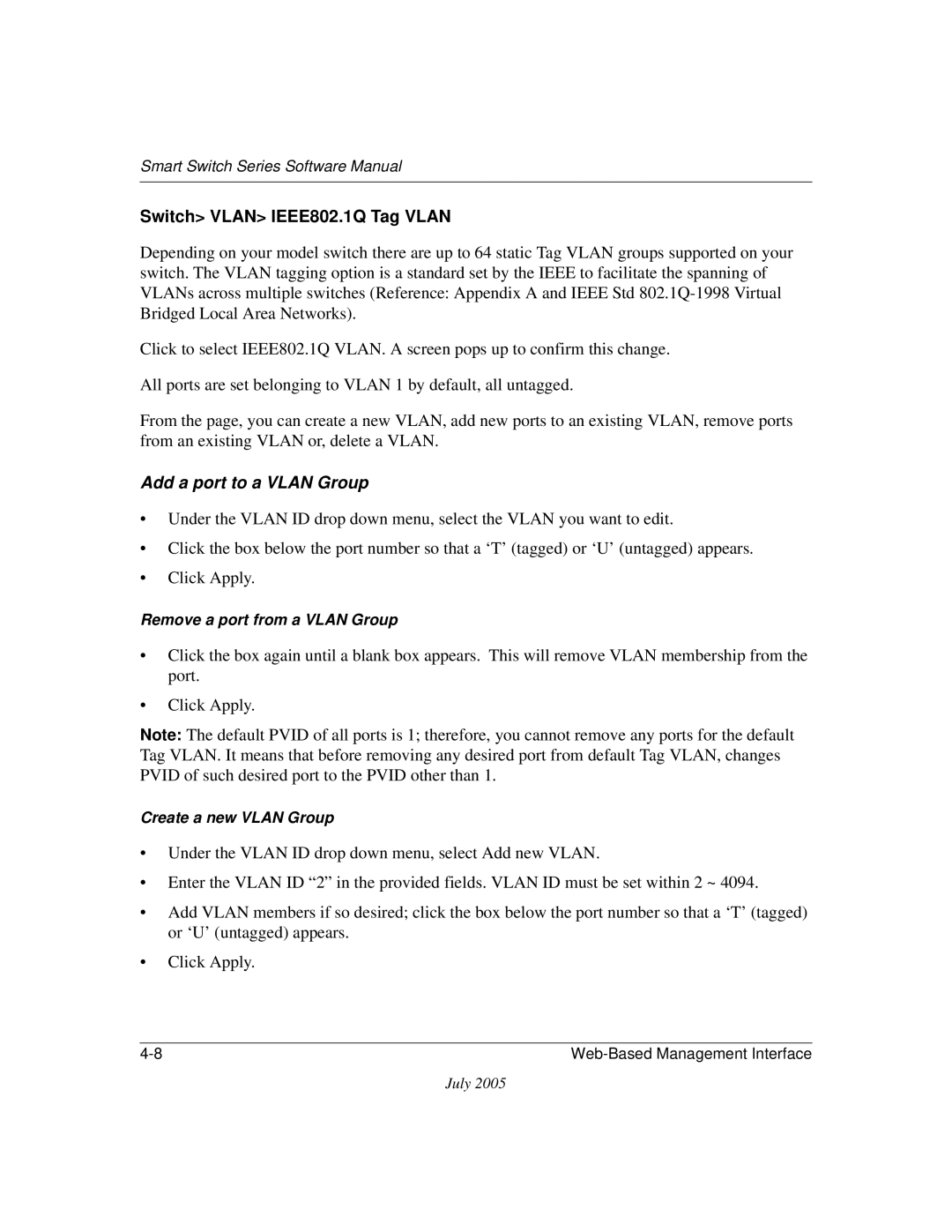 NETGEAR FS526T, FS750T2NA software manual Add a port to a Vlan Group 