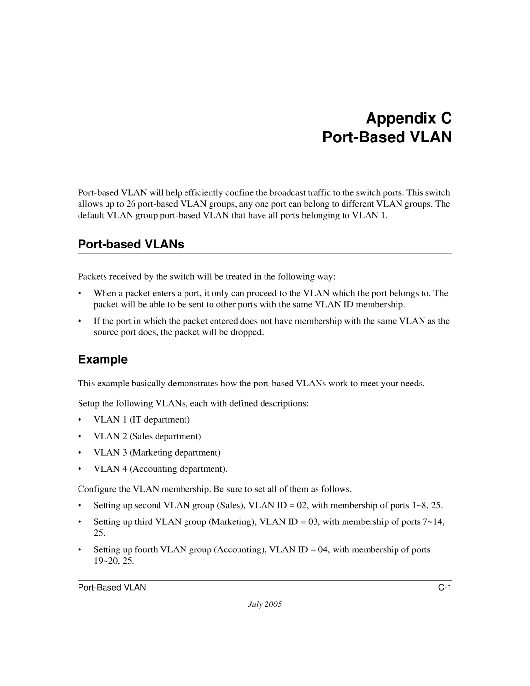 NETGEAR FS750T2NA, FS526T software manual Appendix C Port-Based Vlan, Port-based VLANs, Example 