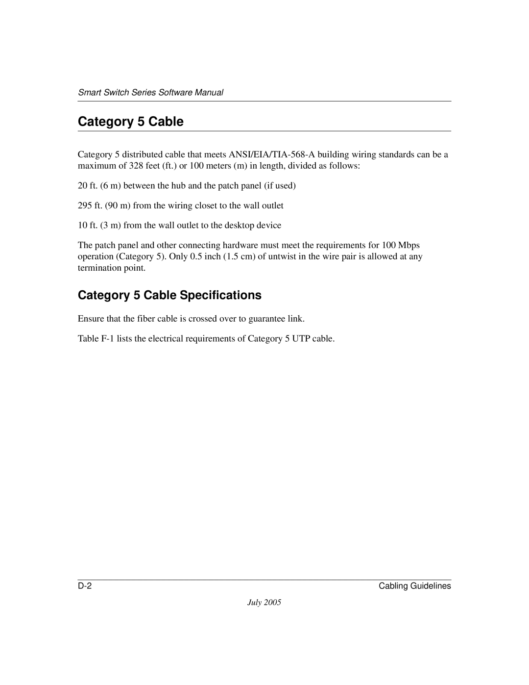 NETGEAR FS526T, FS750T2NA software manual Category 5 Cable Specifications 