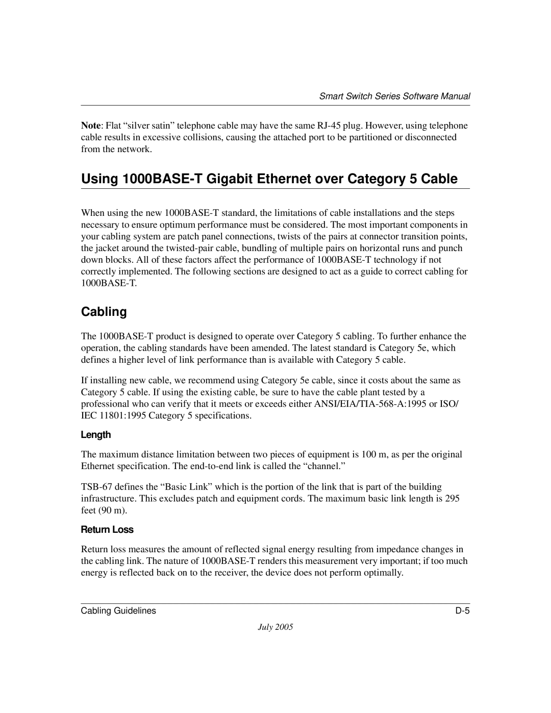 NETGEAR FS750T2NA, FS526T software manual Using 1000BASE-T Gigabit Ethernet over Category 5 Cable, Cabling 