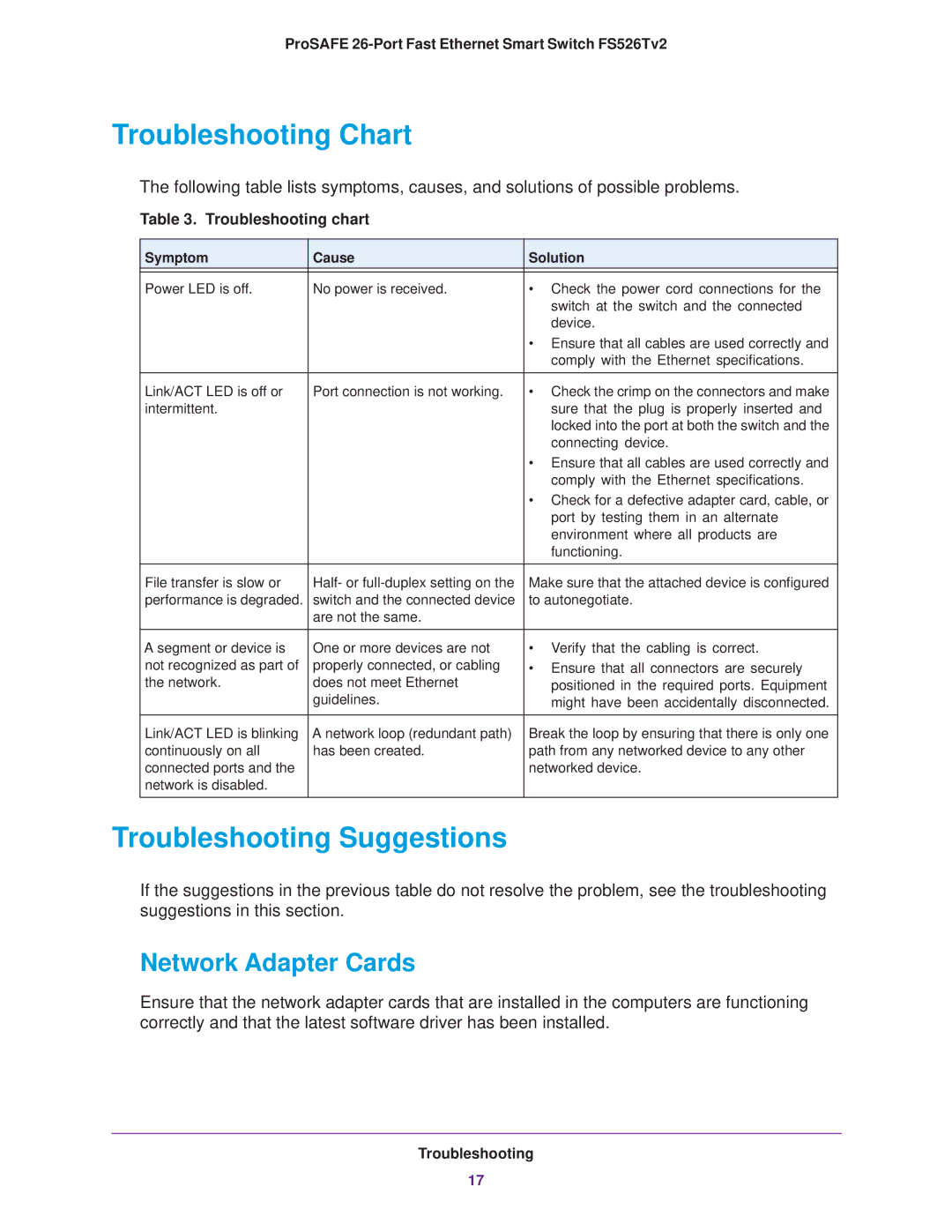 NETGEAR FS526Tv2 manual Troubleshooting Chart, Troubleshooting Suggestions, Network Adapter Cards, Troubleshooting chart 