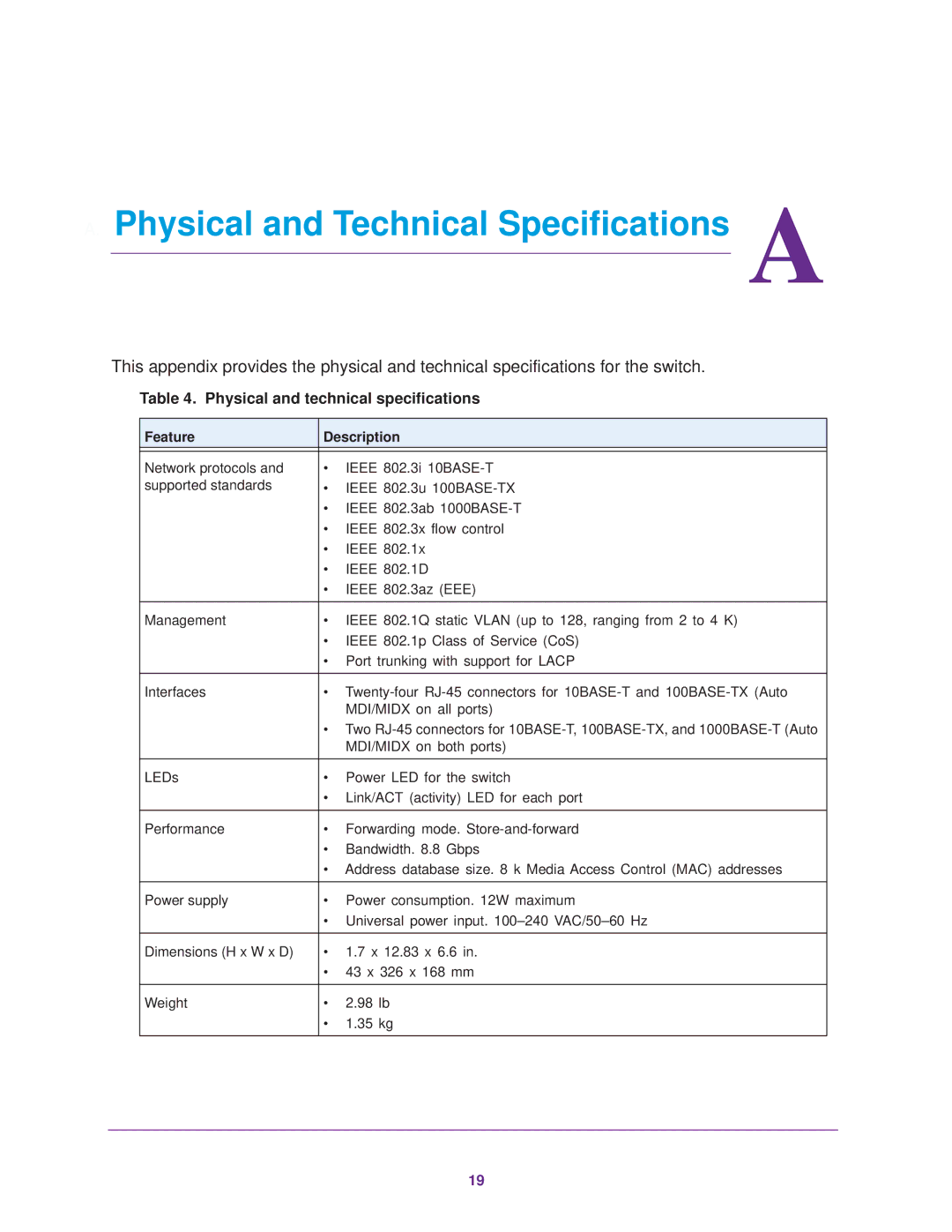 NETGEAR FS526Tv2 manual Physical and technical specifications, Feature Description 