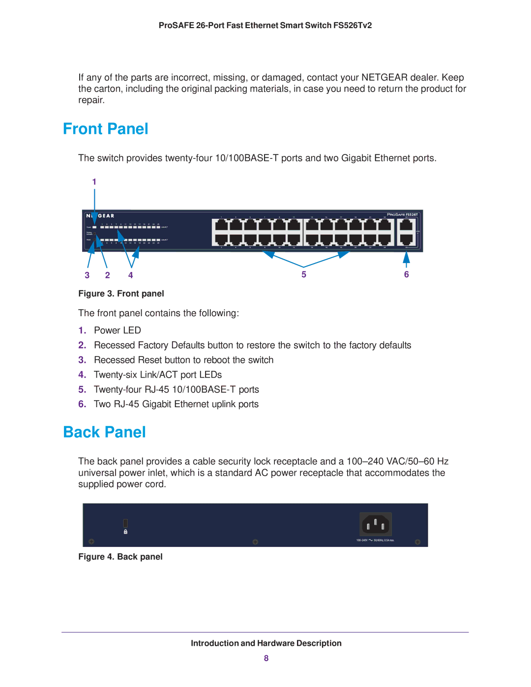 NETGEAR FS526Tv2 manual Front Panel, Back Panel 