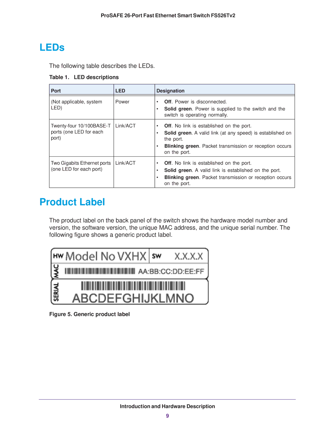 NETGEAR FS526Tv2 manual LEDs, Product Label, LED descriptions, Port, Designation 