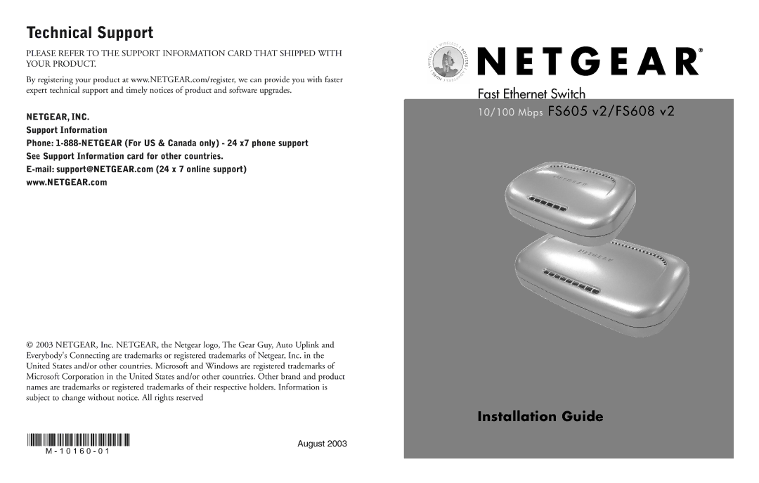 NETGEAR FS605 v2, FS608 v2 manual Technical Support, Netgear, Inc 