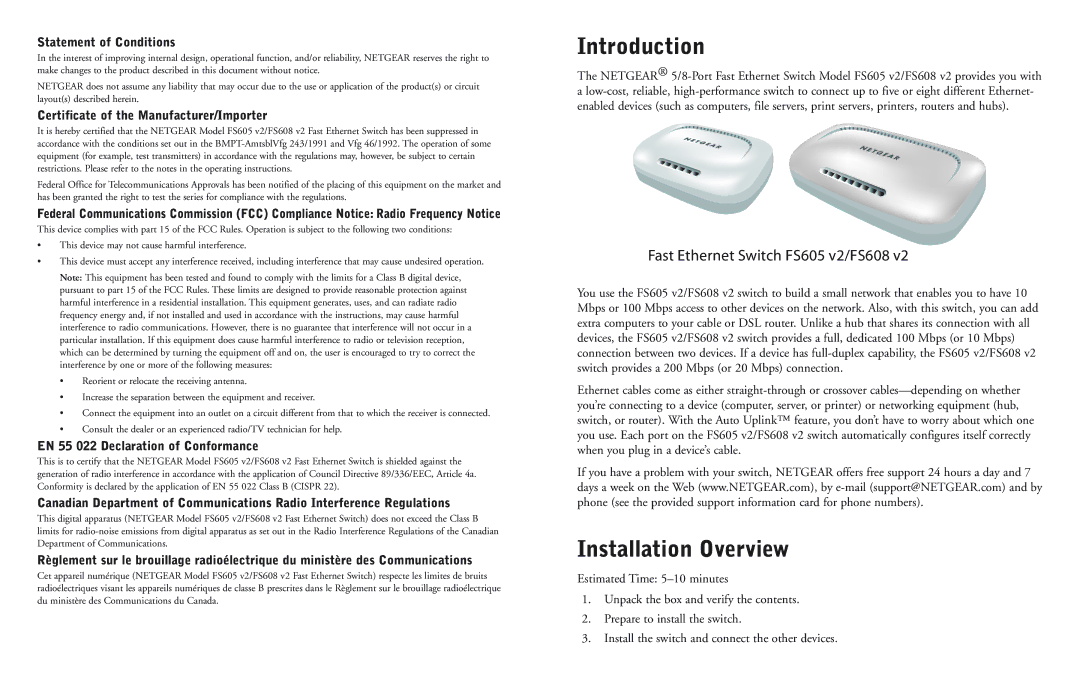 NETGEAR FS608 v2, FS605 v2 manual Introduction, Installation Overview 