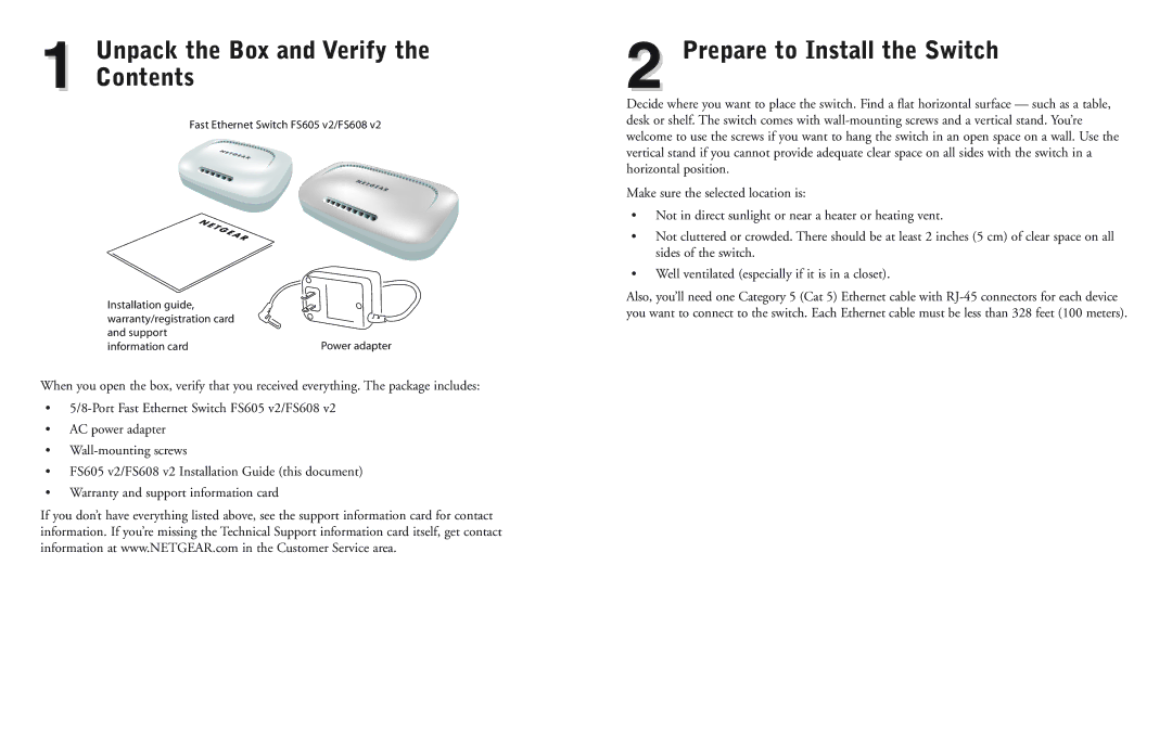 NETGEAR FS605 v2, FS608 v2 manual Unpack the Box and Verify Contents, Prepare to Install the Switch 