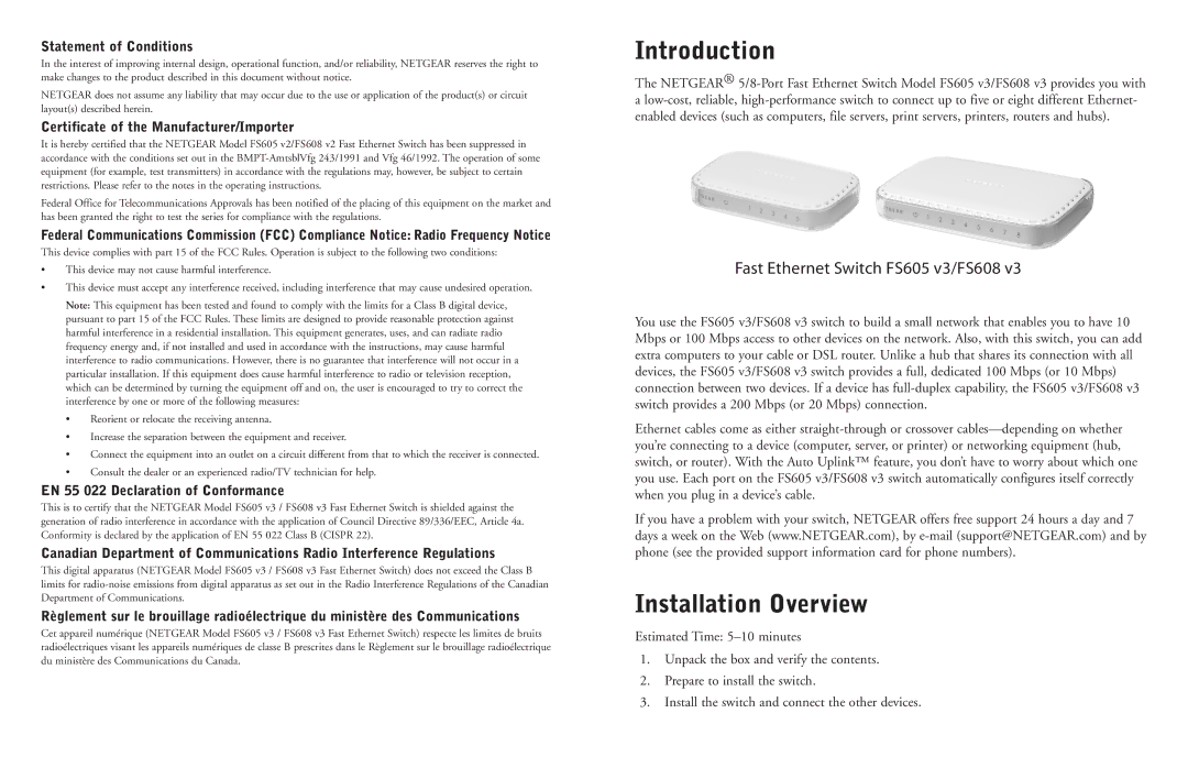 NETGEAR FS608 v3, FS605 v3 manual Introduction, Installation Overview 