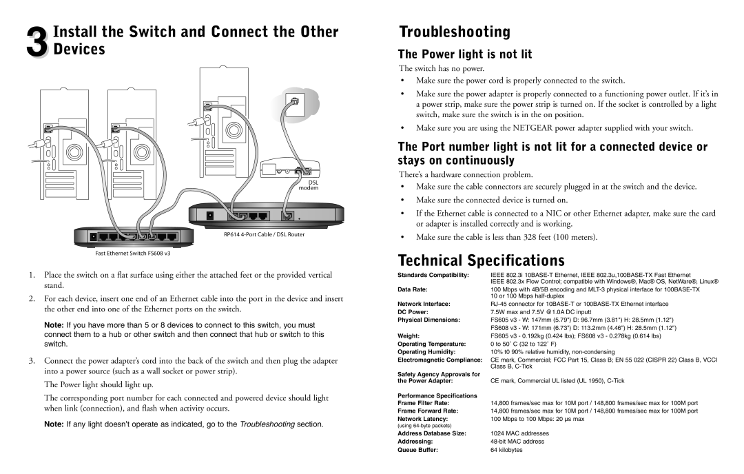 NETGEAR FS608 v3, FS605 v3 manual Technical Specifications, Power light is not lit 