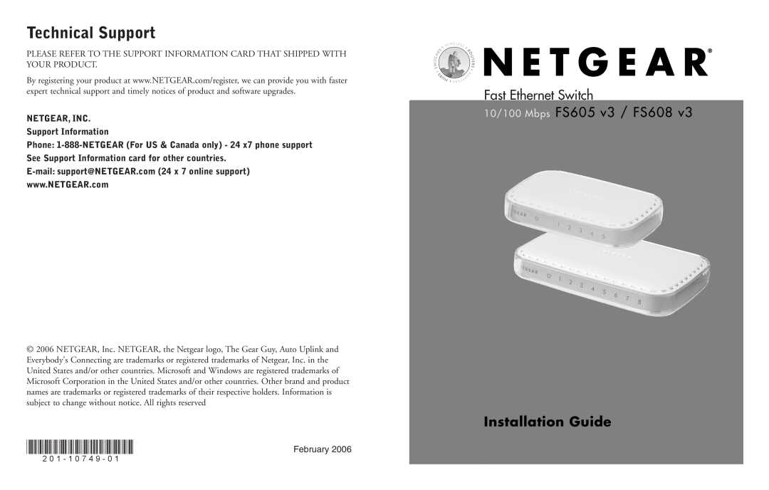 NETGEAR FS605 v3, FS608 v3 manual Technical Support, NETGEAR, INC Support Information, Installation Guide 