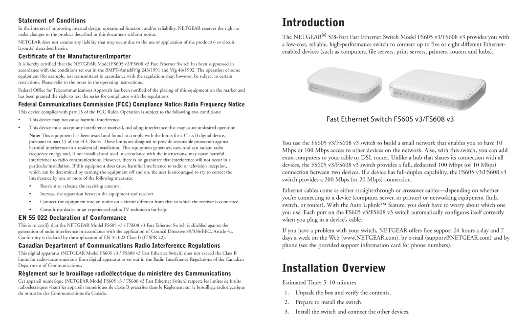 NETGEAR FS608 v3 Introduction, Installation Overview, Statement of Conditions, Certificate of the Manufacturer/Importer 