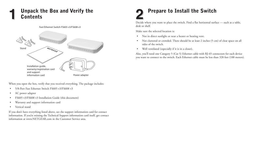 NETGEAR FS605 v3, FS608 v3 manual Unpack the Box and Verify the 1 Contents, Prepare to Install the Switch 