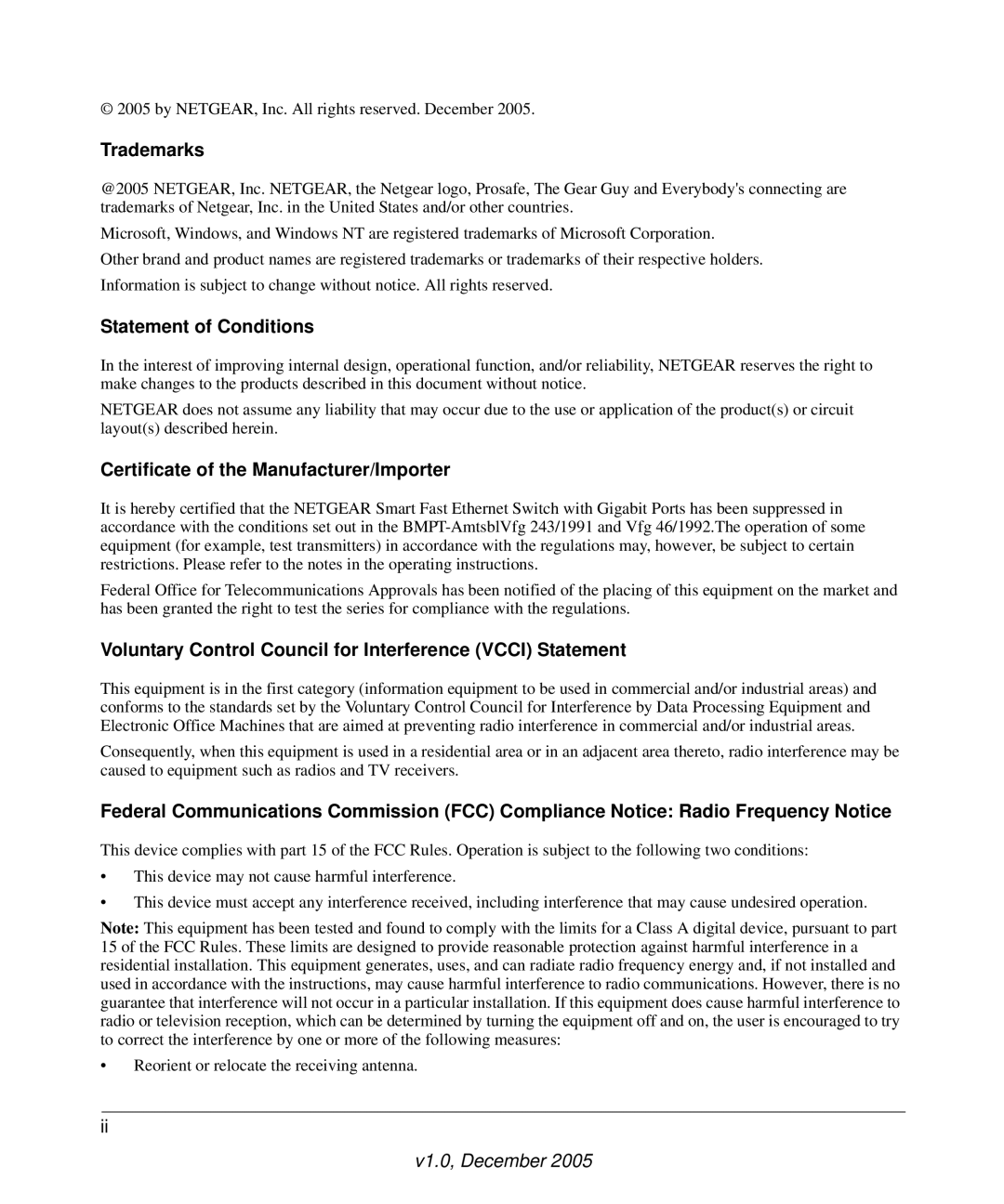 NETGEAR FS700TS manual Trademarks, Statement of Conditions, Certificate of the Manufacturer/Importer 