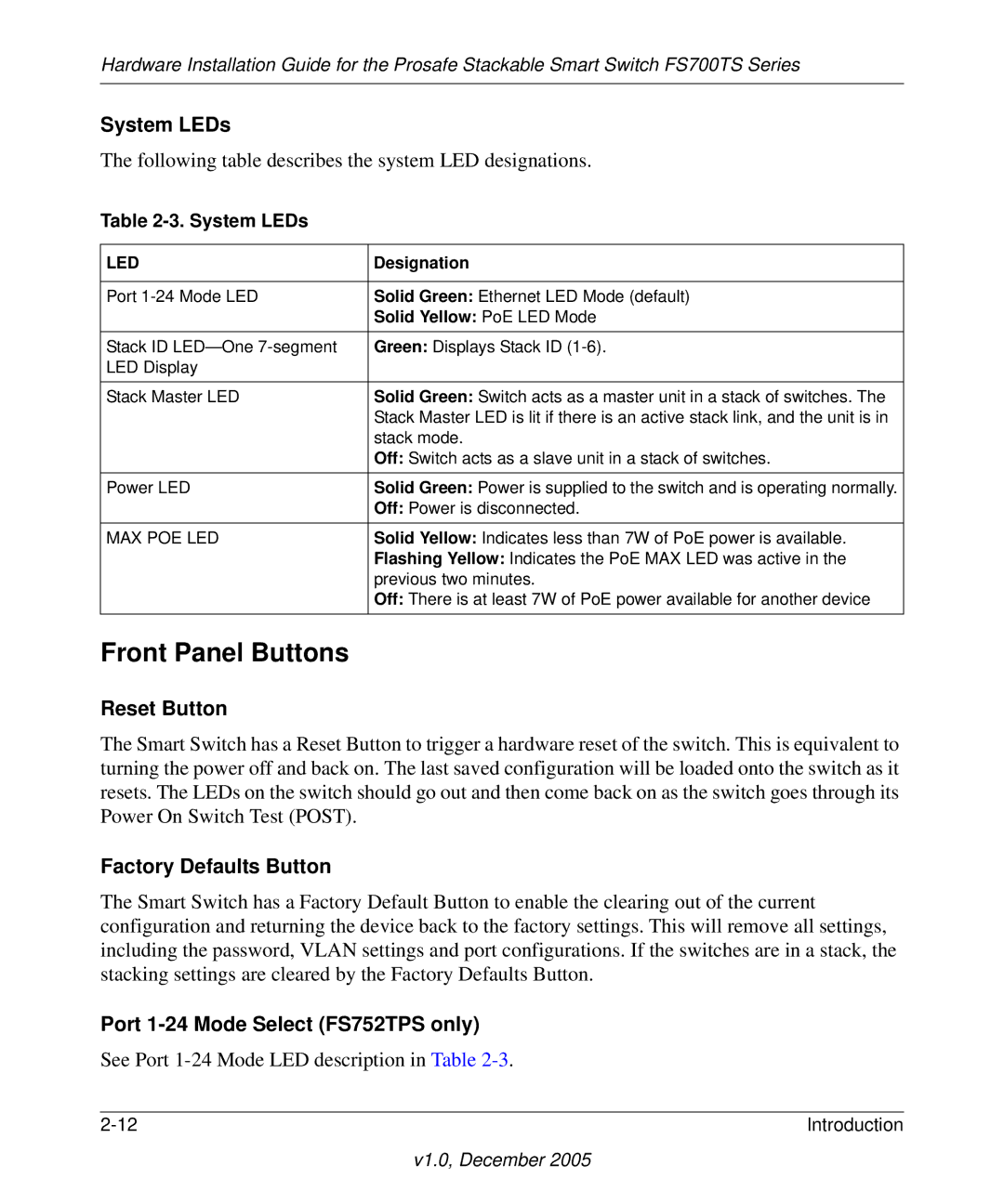 NETGEAR FS700TS manual Front Panel Buttons, System LEDs, Solid Yellow PoE LED Mode 