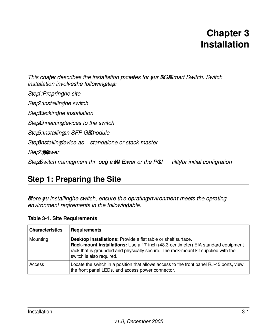 NETGEAR FS700TS manual Chapter Installation, Preparing the Site, Site Requirements, Characteristics Requirements 