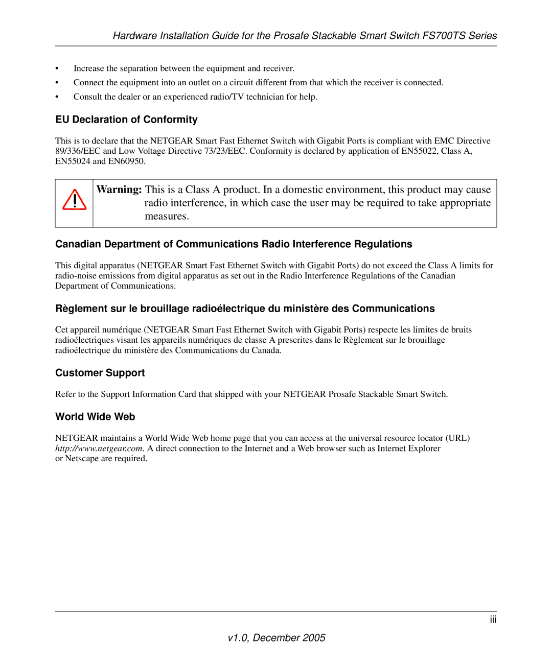 NETGEAR FS700TS manual EU Declaration of Conformity, Customer Support, World Wide Web 