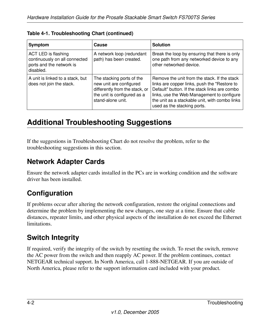 NETGEAR FS700TS manual Additional Troubleshooting Suggestions, Network Adapter Cards, Configuration, Switch Integrity 