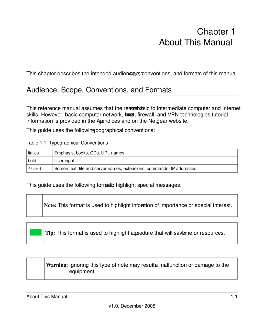 NETGEAR FS700TS manual Chapter About This Manual, Audience, Scope, Conventions, and Formats, Typographical Conventions 