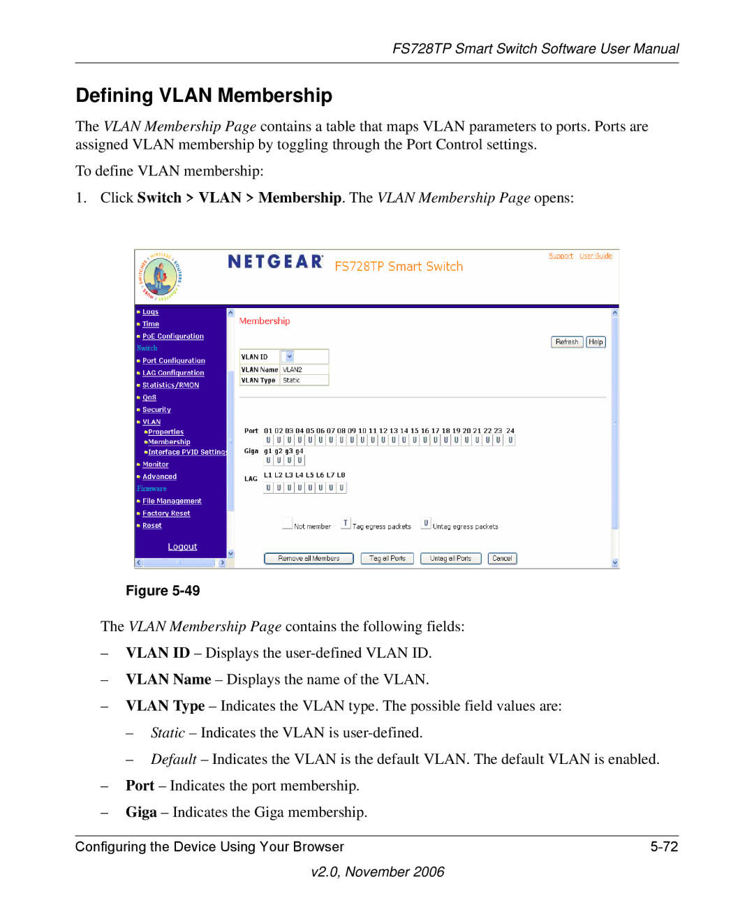 NETGEAR FS728TP manual Defining Vlan Membership 