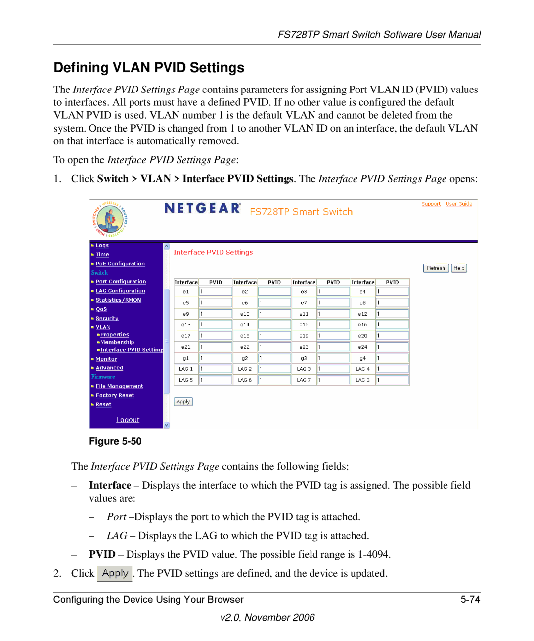 NETGEAR FS728TP manual Defining Vlan Pvid Settings 